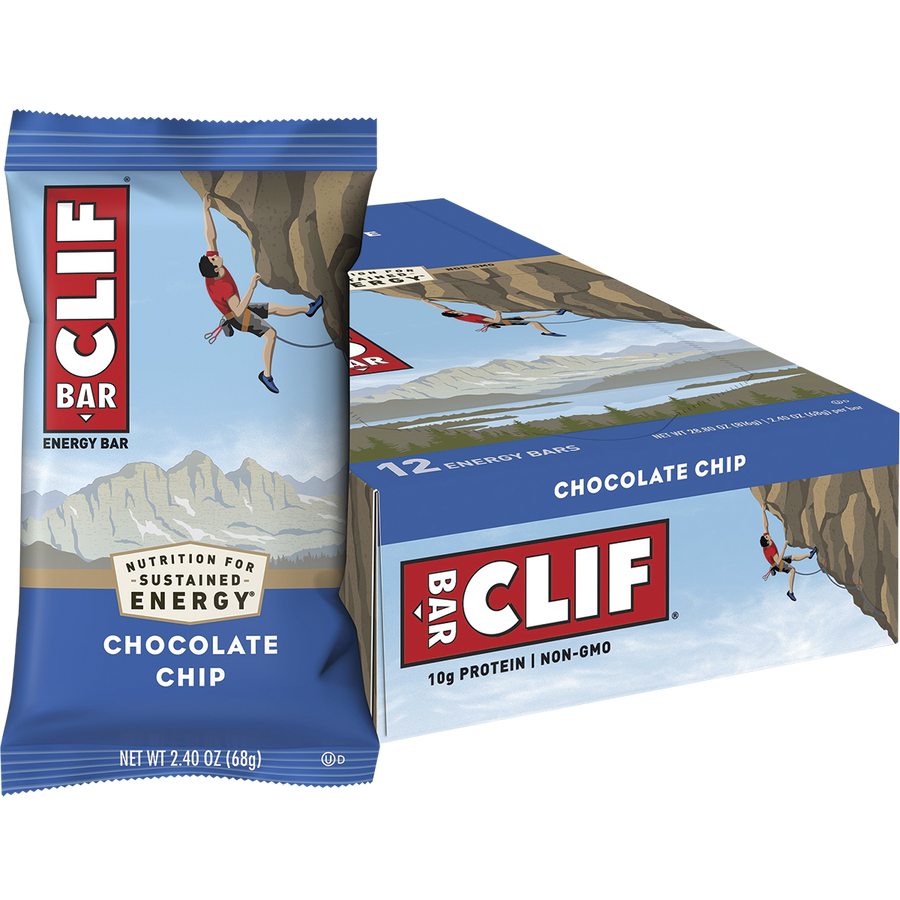 Clif Bar chocolate chip energy bar packaging with climbing illustration on a white background