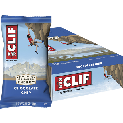 Clif Bar chocolate chip energy bar packaging with climbing illustration on a white background