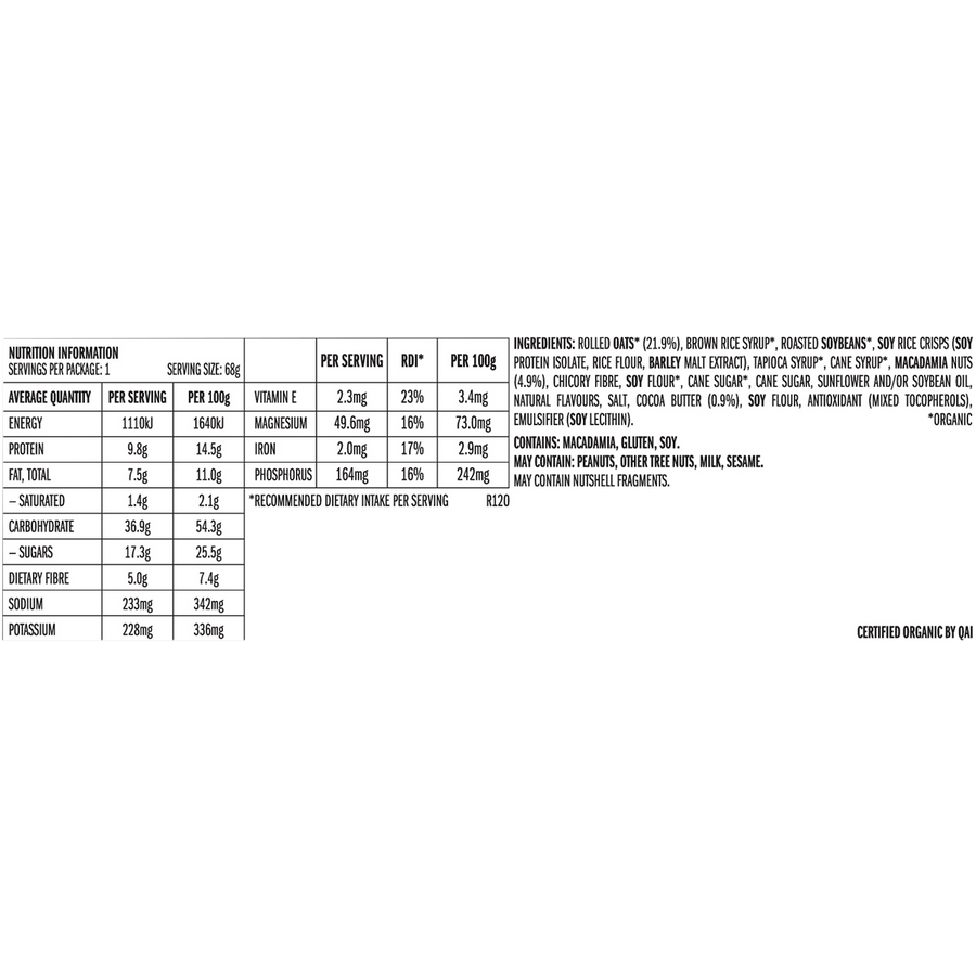 Nutrition label and ingredient list on a white background