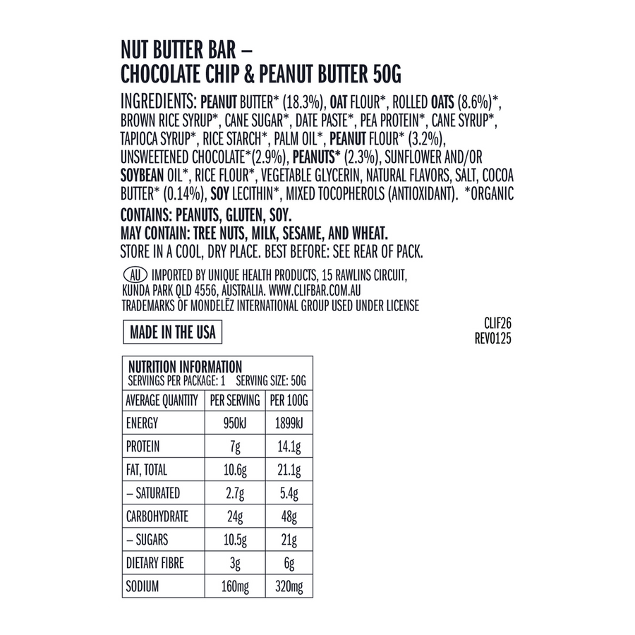 Nut butter bar ingredient list and nutrition information on a white background