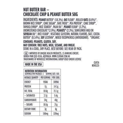 Nut butter bar ingredient list and nutrition information on a white background