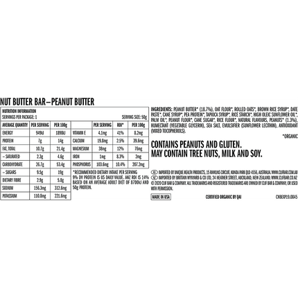 Nutrition label for a peanut butter bar on a white background