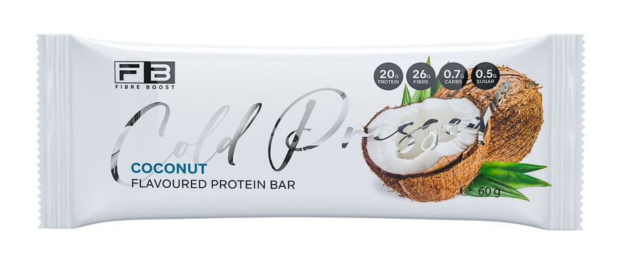 Coconut flavored protein bar packaging on a black background
