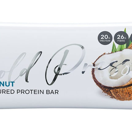 Coconut flavored protein bar packaging on a black background