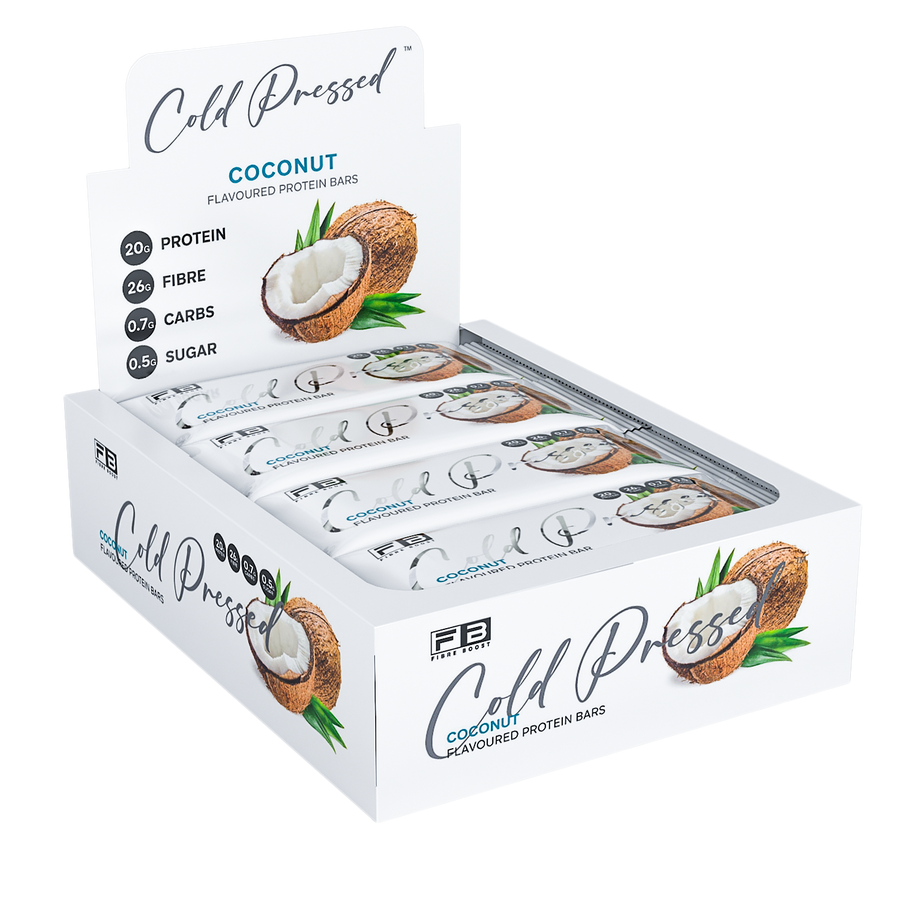 Box of Cold Pressed coconut protein bars on a white background