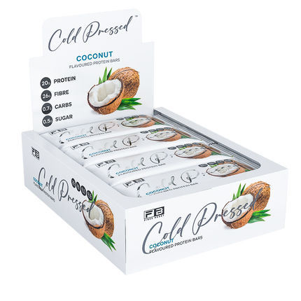 Box of Cold Pressed coconut protein bars on a white background