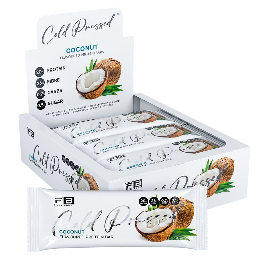 Box of Cold Pressed coconut protein bars on a white background