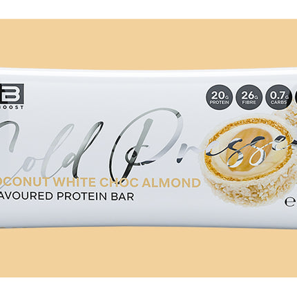 Protein bar packaging with branding and nutritional information on a beige background