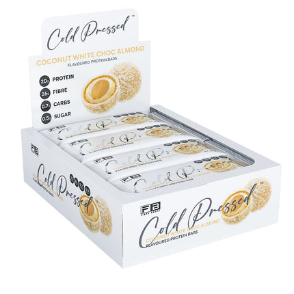 Box of Cold Pressed coconut white choc almond protein bars with nutritional information on a white background
