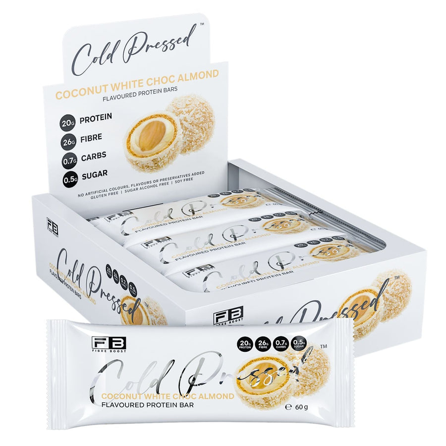 Box of Cold Pressed coconut white choc almond protein bars with packaging details.