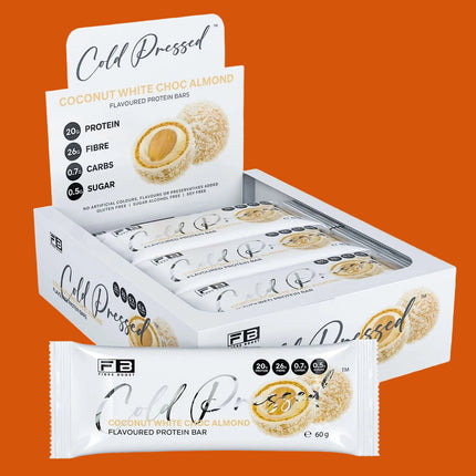 Box of Cold Pressed coconut white choc almond protein bars with packaging details.