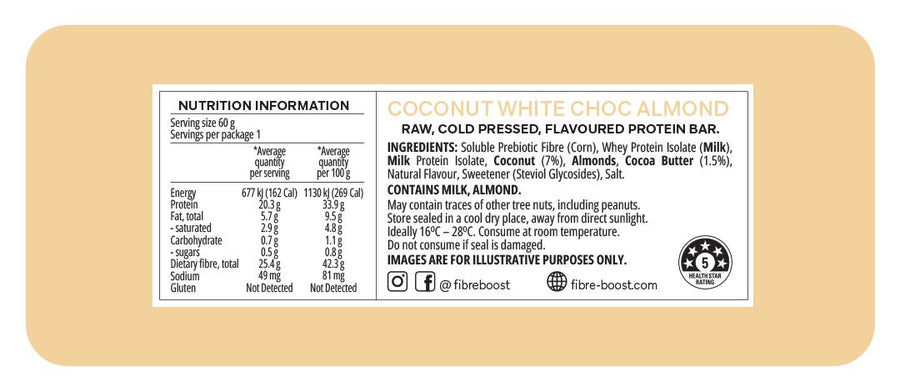 Protein bar packaging with nutrition information and ingredients list on a beige background
