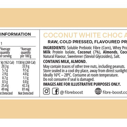 Protein bar packaging with nutrition information and ingredients list on a beige background