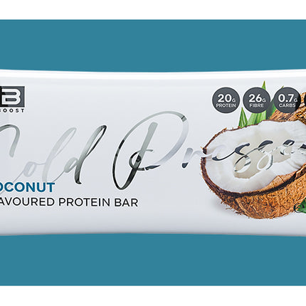 Coconut flavored protein bar packaging on a teal background