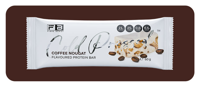 Coffee Nougat Flavoured Protein Bar packaging on a brown background