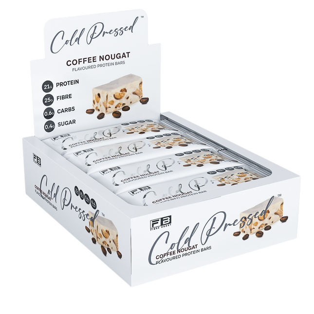 Box of Cold Pressed Coffee Nougat bars on a white background