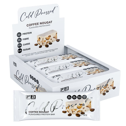 Box of Fibre Boost Coffee Nougat flavoured cold pressed protein bar, high fibre and 20g+ protein