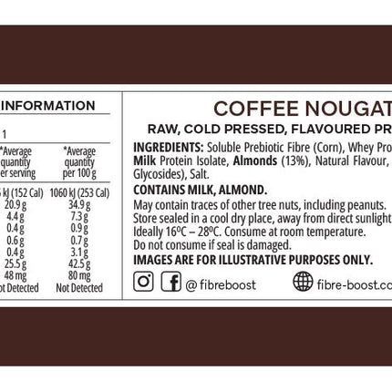 Nutrition label and ingredients list for a Coffee Nougat protein bar on a brown background.