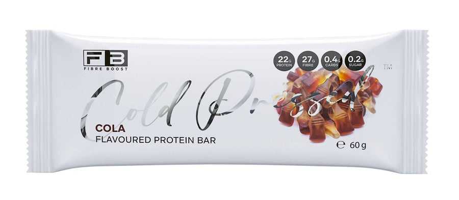 Protein bar packaging with cola flavor on a white background
