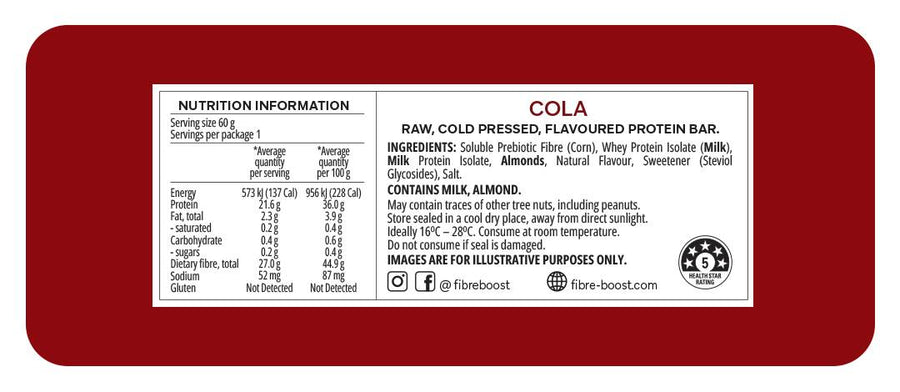 Nutrition label and ingredients list of a cola-flavored protein bar on a red background.
