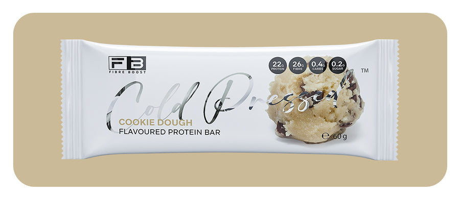 Protein bar packaging with 'FB' branding on a beige background