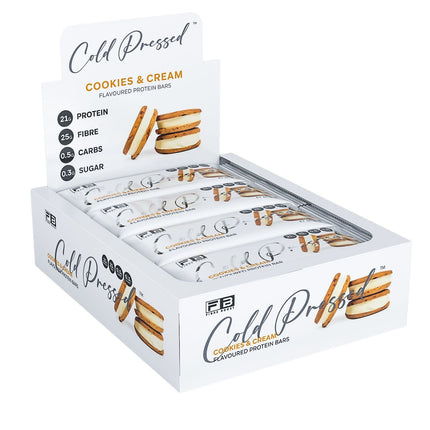 Box of Cold Pressed cookies and cream protein bars on a white background
