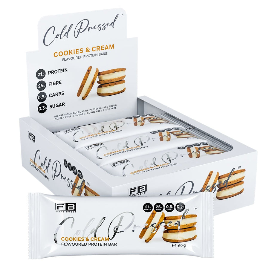 Box of F2 Protein Bars with 'Cookies & Cream' flavor on a white background