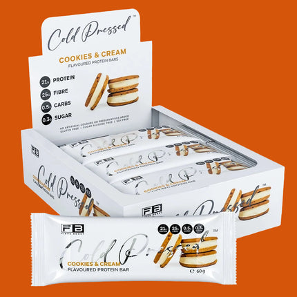 Box of Fibre Boost Cookies and Cream flavoured cold pressed protein bar, high fibre and 20g+ protein