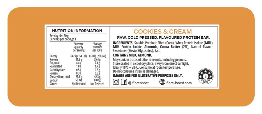 Nutrition label and ingredients list for a Cookies & Cream protein bar on an orange background.