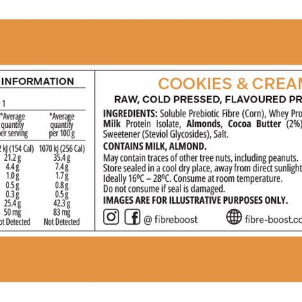 Nutrition label and ingredients list for a Cookies & Cream protein bar on an orange background.
