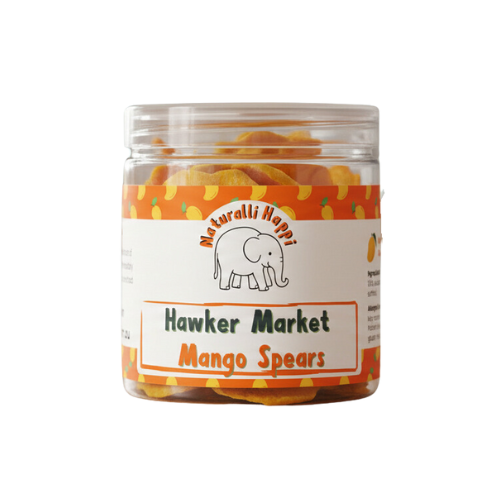Naturalli Happi mango spears in vibrant yellow packaging