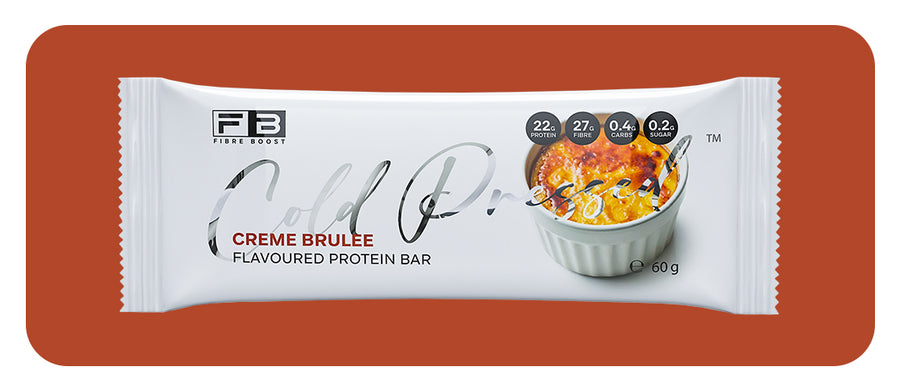 Protein bar packaging with 'FB' branding on a red background
