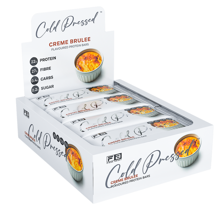 Box of Cold Pressed Creme Brulee protein bars on a white background