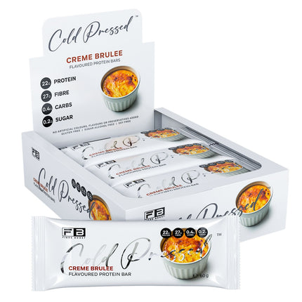 Box of Fibre Boost Creme Brulee flavoured cold pressed protein bar, high fibre and 20g+ protein