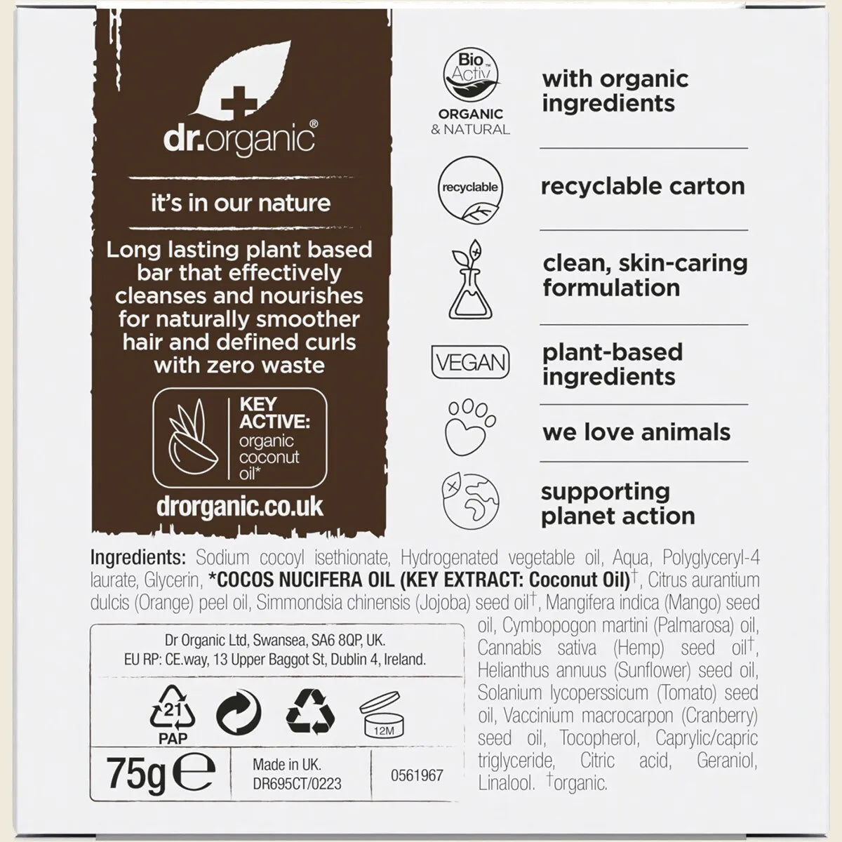 Dr. Organic Shampoo & Conditioner Bar Coconut Orange Curly & Thick 75g