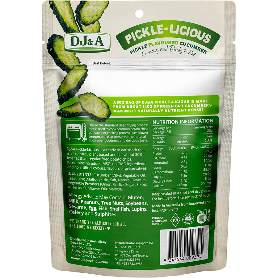DJ&A Pickle-Licious Pickle Flavoured Cucumber - Nutritional Information 