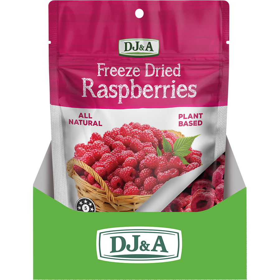 Vegan-friendly DJ&A raspberries in resealable bag
