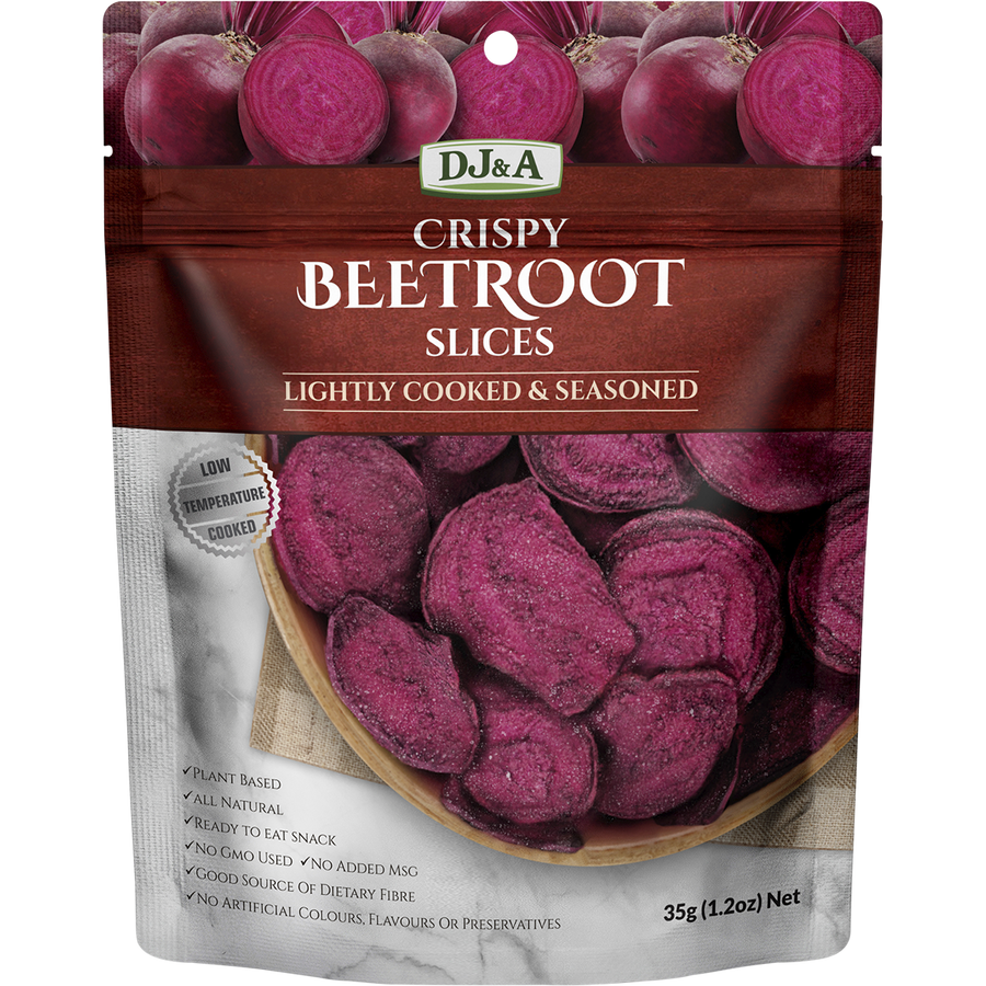 DJ&A crispy beetroot slices 10x35g bulk pack — vegan beetroot chips