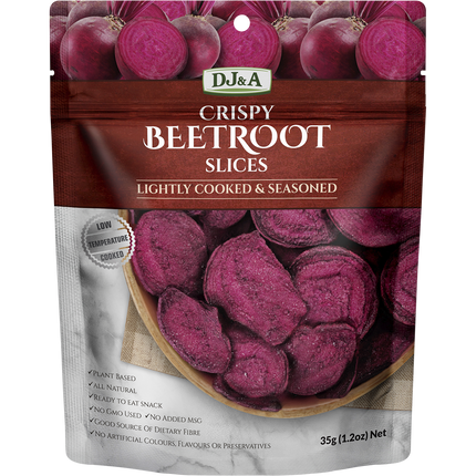 DJ&A crispy beetroot slices 10x35g bulk pack — vegan beetroot chips