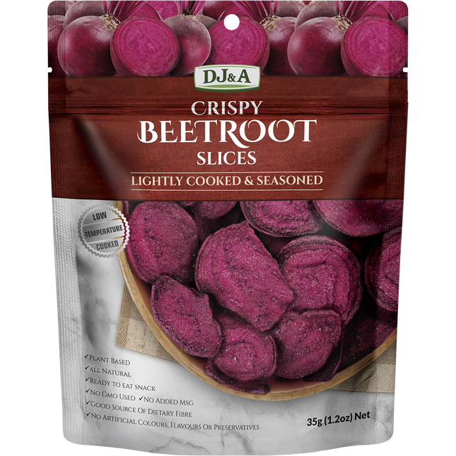 DJ&A crispy beetroot slices 10x35g bulk pack — vegan beetroot chips