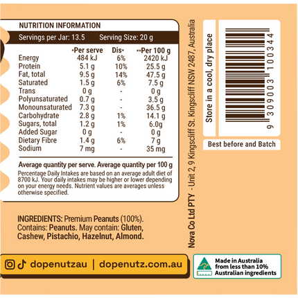 Dope Nutz - Peanut Butter Natural 325g