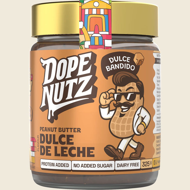 Dope Nutz Peanut Butter Dulce De Leche jar, protein added, no added sugar, dairy free, 325g