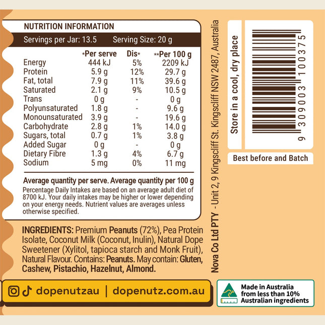 Nutrition information and ingredients label for Dope Nutz Dulce De Leche Peanut Butter