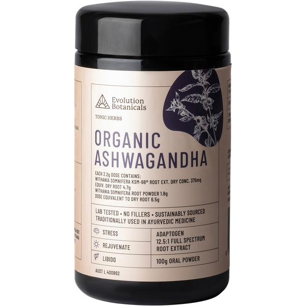 Evolution Botanicals Organic Ashwagandha 100g product container front