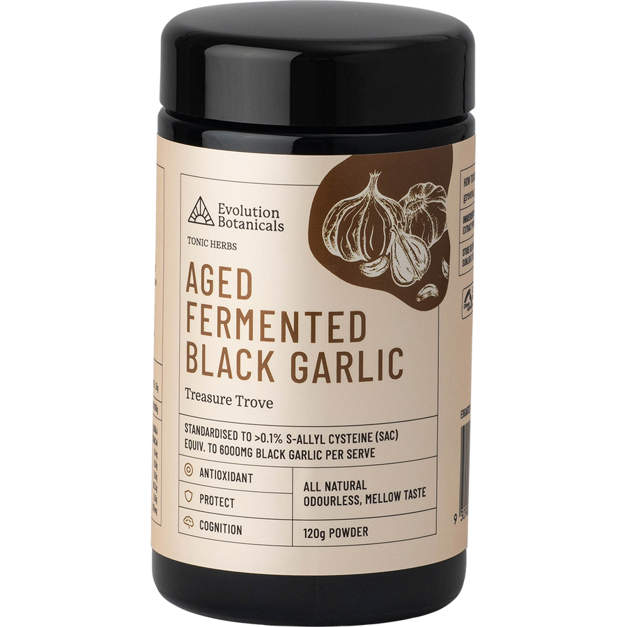 Aged fermented black garlic by Evolution Botanicals
