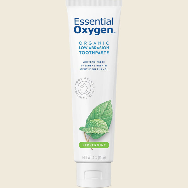 Front of Essential Oxygen Organic Low Abrasion Toothpaste tube, Peppermint 113g