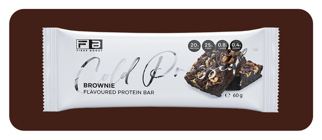 Brownie-flavored protein bar packaging with visible branding on a brown background