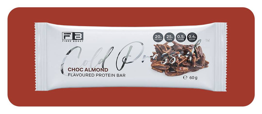 Fibre Boost Cold Pressed Choc Almond Protein bar packaging with 'Fibre Boost' branding on a red background