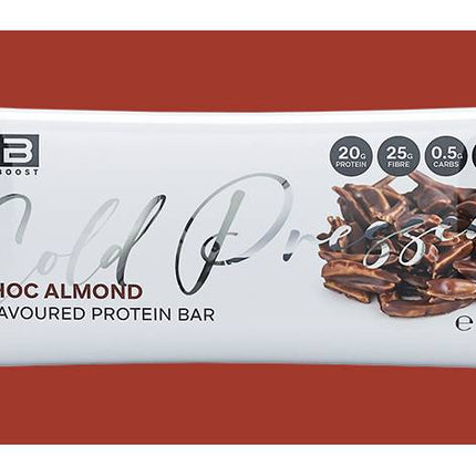 Fibre Boost Cold Pressed Choc Almond Protein bar packaging with 'Fibre Boost' branding on a red background