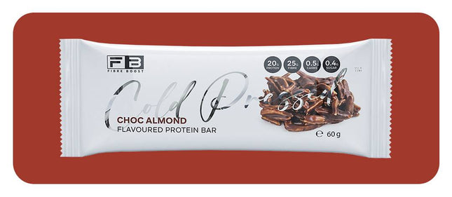 Fibre Boost Cold Pressed Choc Almond Protein bar packaging with 'Fibre Boost' branding on a red background